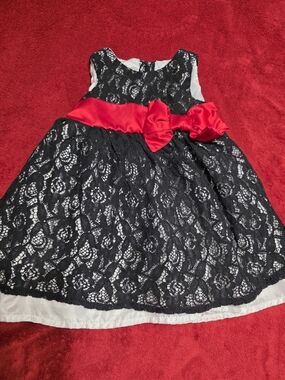 Black Lace & Red Sash Girls Party Dress